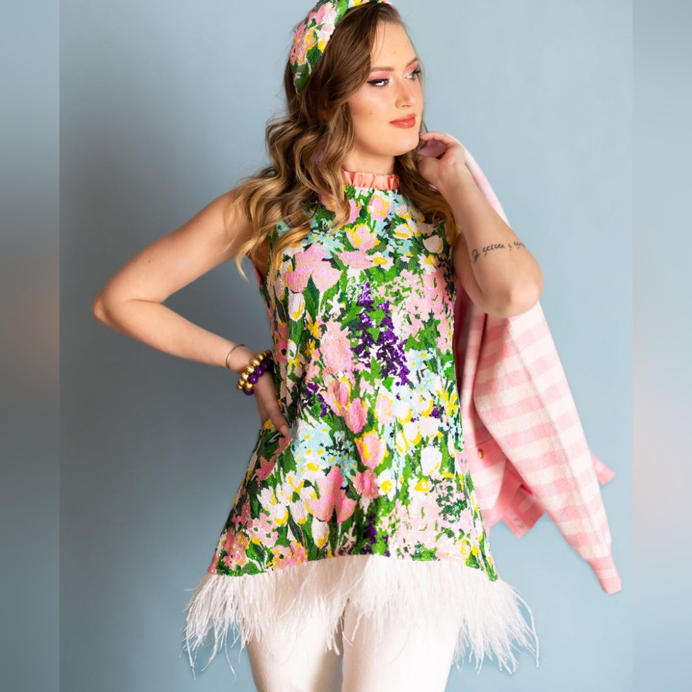 Brianna Cannon Sparkling Blossoms Tunic with Feathers NWT XL